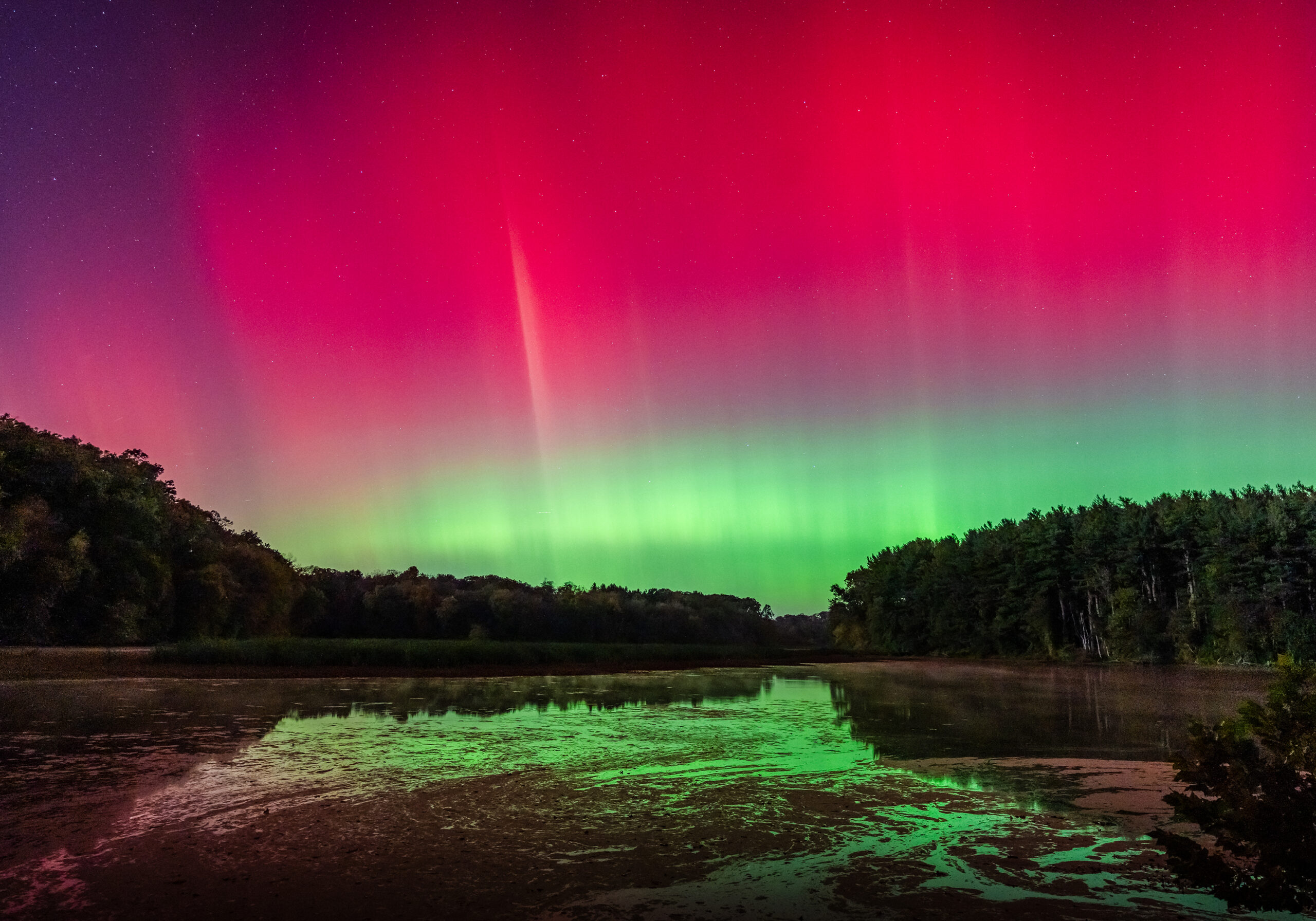 aurora borealis, northern lights over the octoraro reservoir, PA 2024